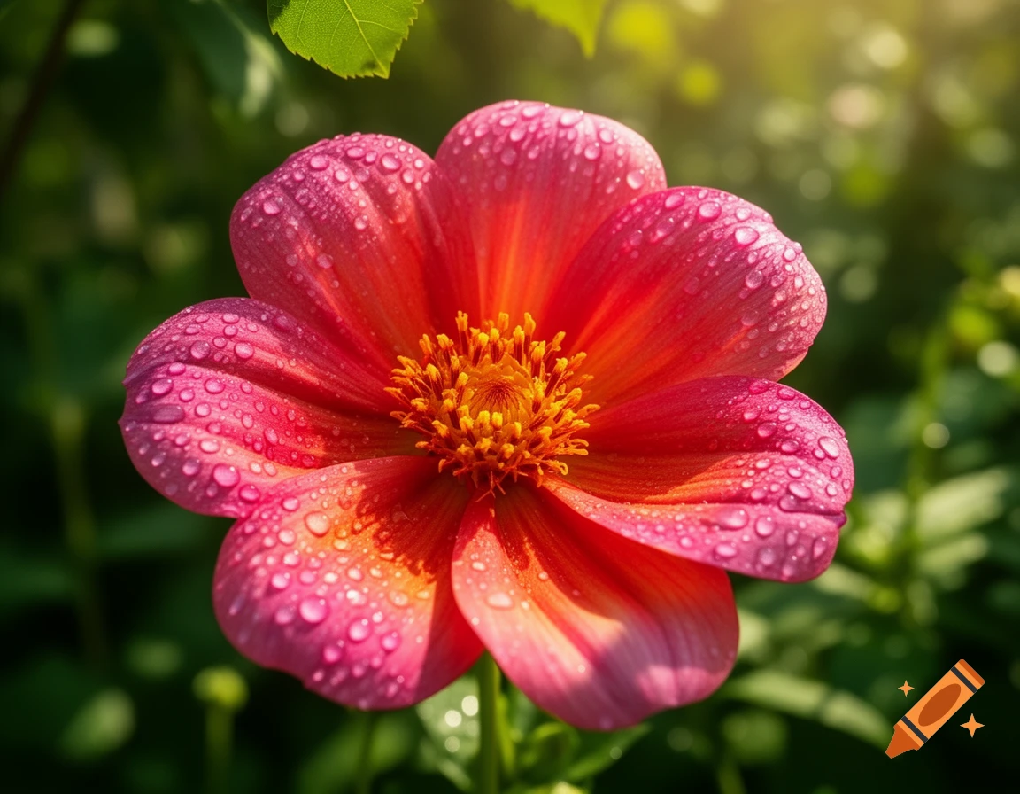 A vibrant red-pink flower covered in dewdrops, with a yellow center and blurry green foliage in sunlight.