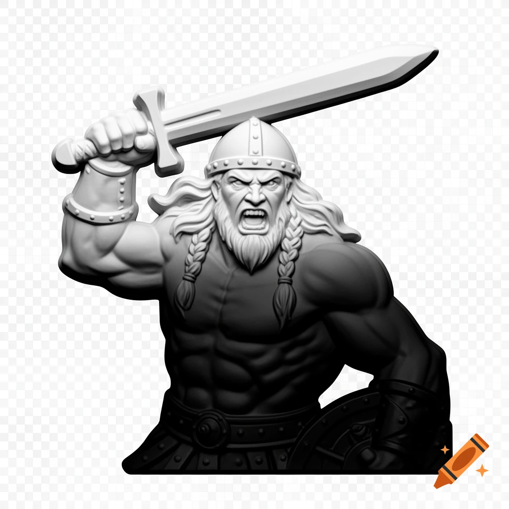 Grayscale bas-relief of a fierce Viking warrior in a helmet, with braided hair, raising a sword and growling.