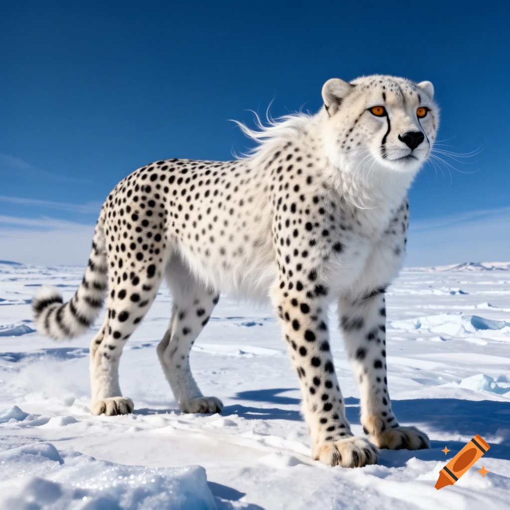 A strikingly white cheetah with black spots and bright orange eyes stands on a snow-covered landscape under a clear blue sky.