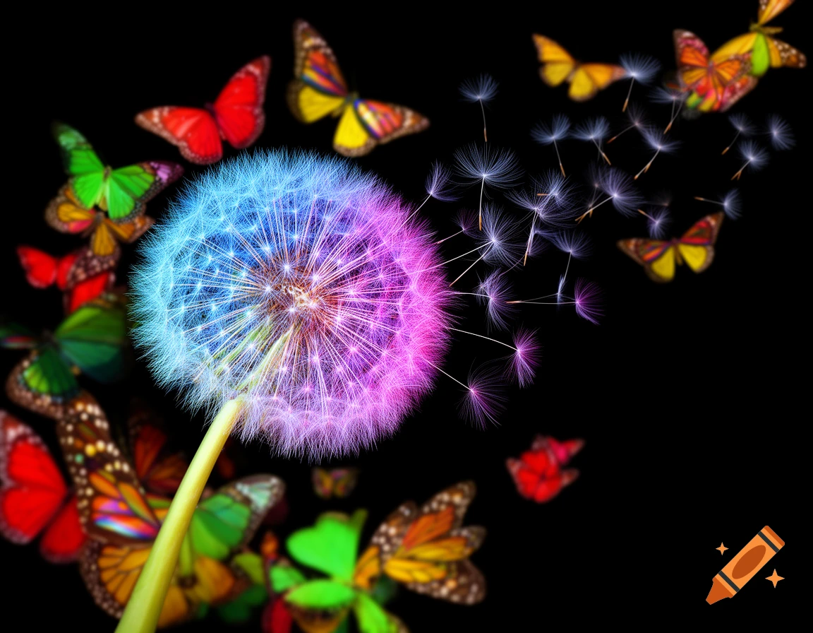A vibrant, gradient blue and pink dandelion with seeds blowing away, surrounded by colorful butterflies, against a black background.