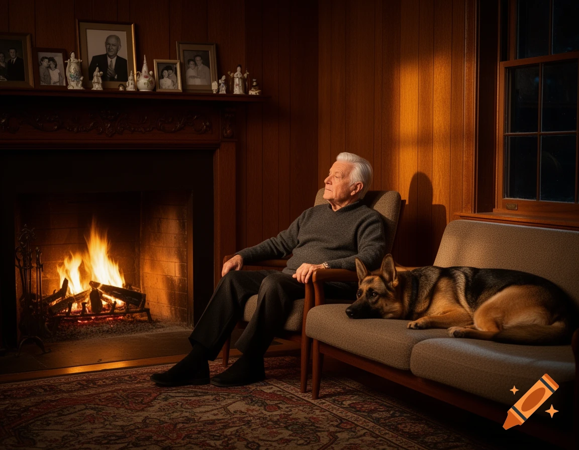 An old man sits in an armchair by a fireplace, looking out of frame, while a German Shepherd lies on a sofa beside him in a cozy, warmly lit room.