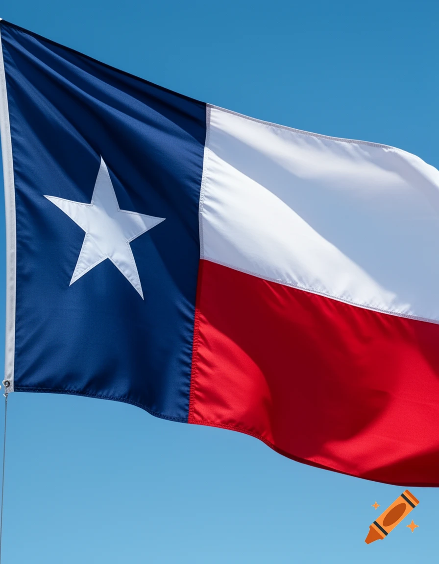 A vibrantly colored Texas state flag waving against a clear blue sky.