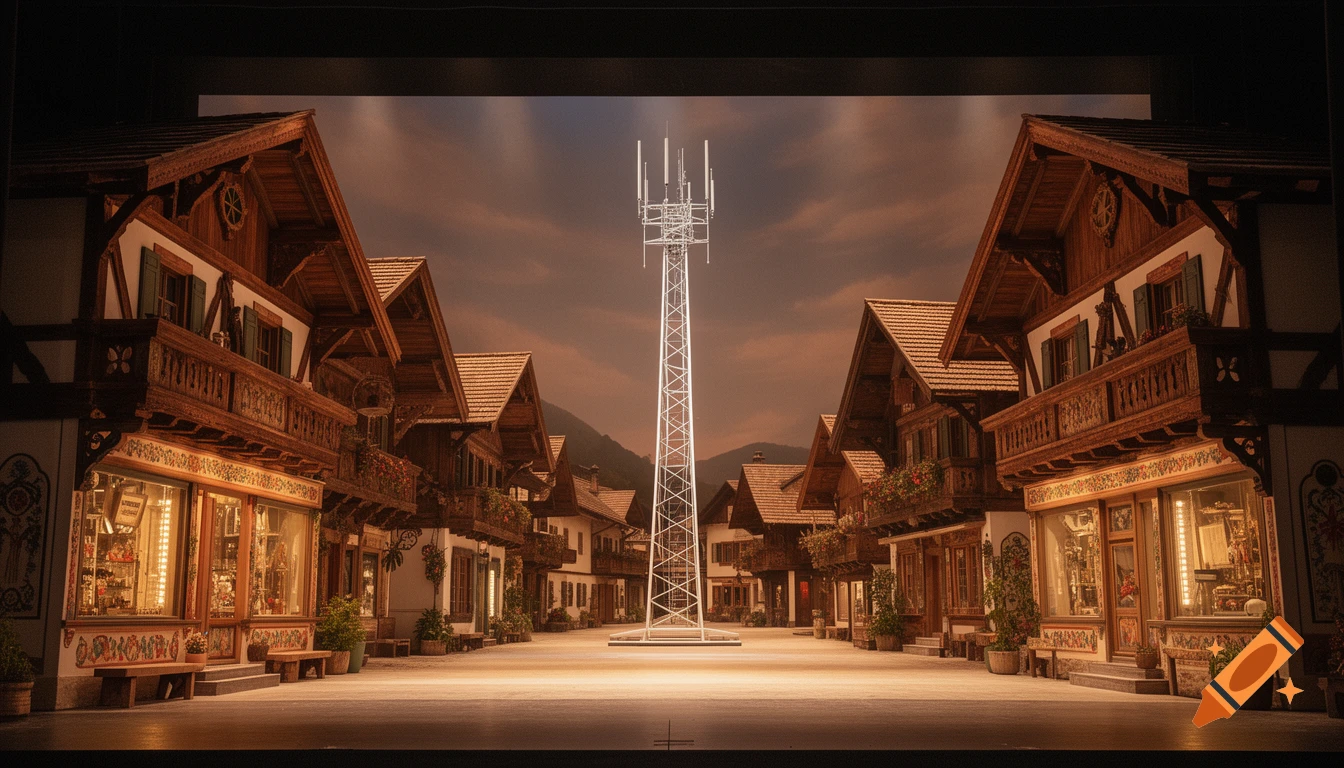 A photorealistic theatre set featuring a Bavarian village street with chalets and shopfronts, framing a modern radio tower under a dramatic sky.