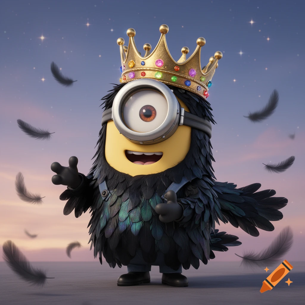 A Minion in a black crow costume and a gem-studded gold crown stands under a starry twilight sky with feathers floating around.