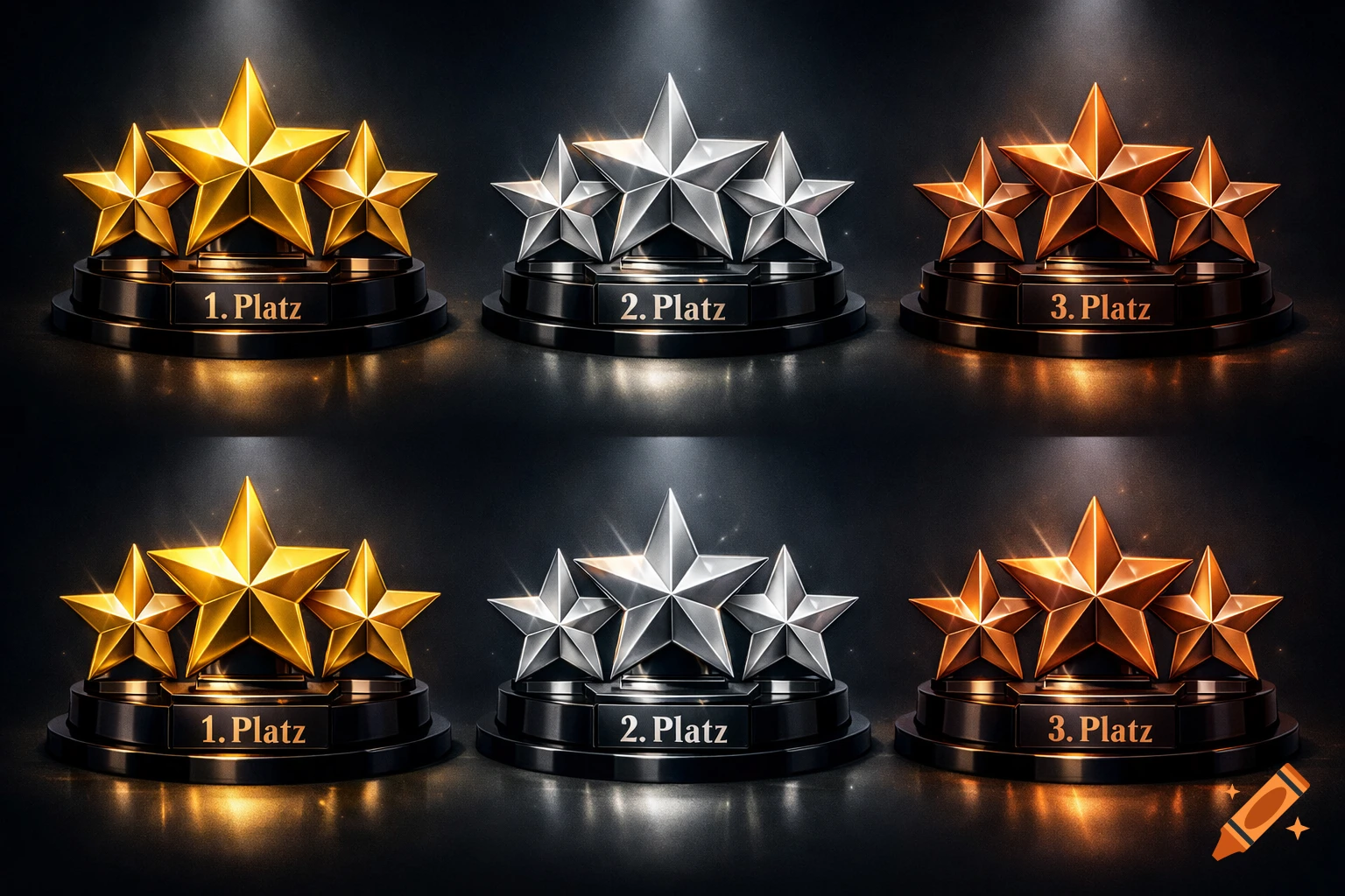 Six sets of gold, silver, and bronze star trophies on black bases, marked 1st, 2nd, and 3rd place, on a dark background.