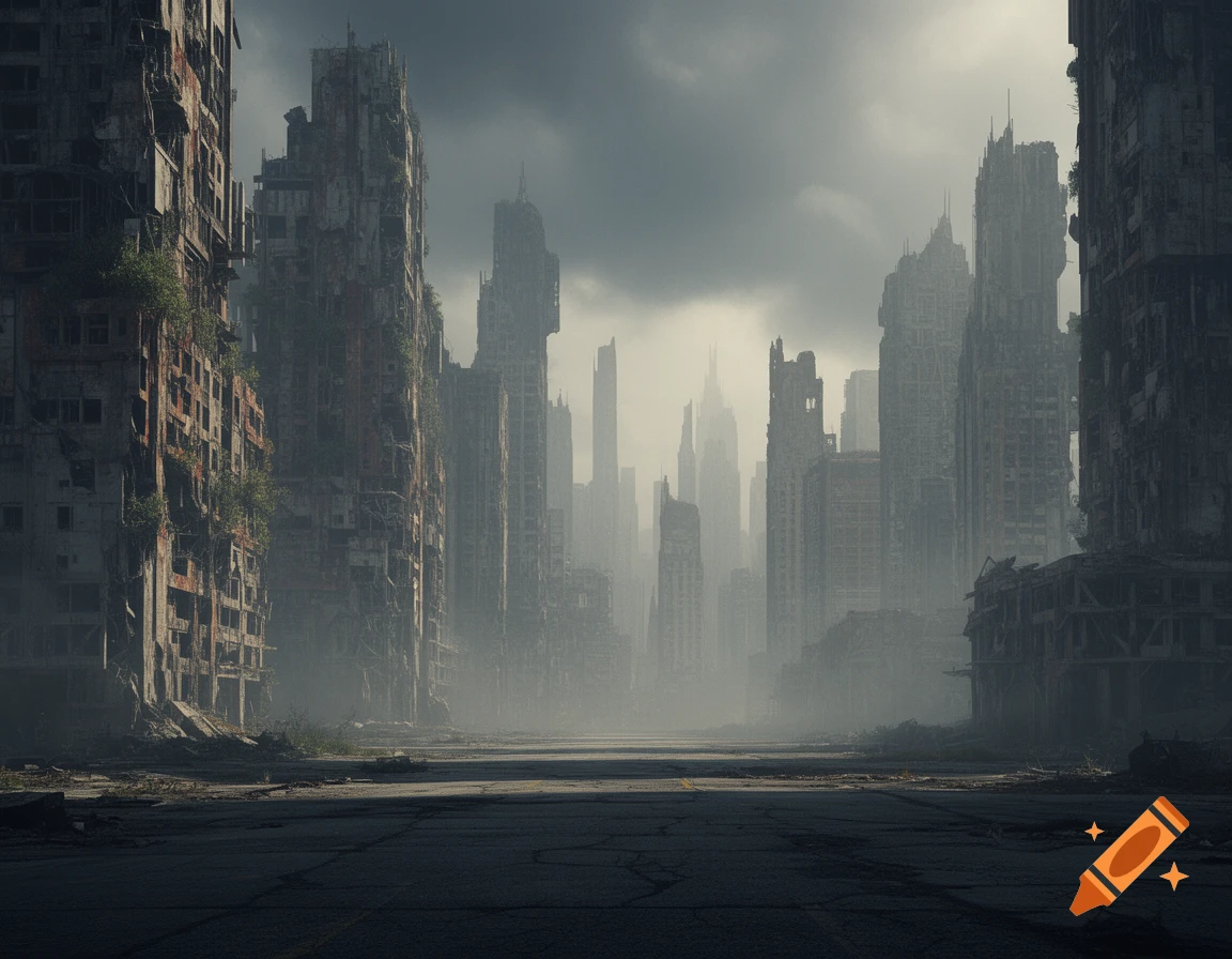 A wide shot of a ruined, foggy dystopian city street with tall, dilapidated buildings on either side.