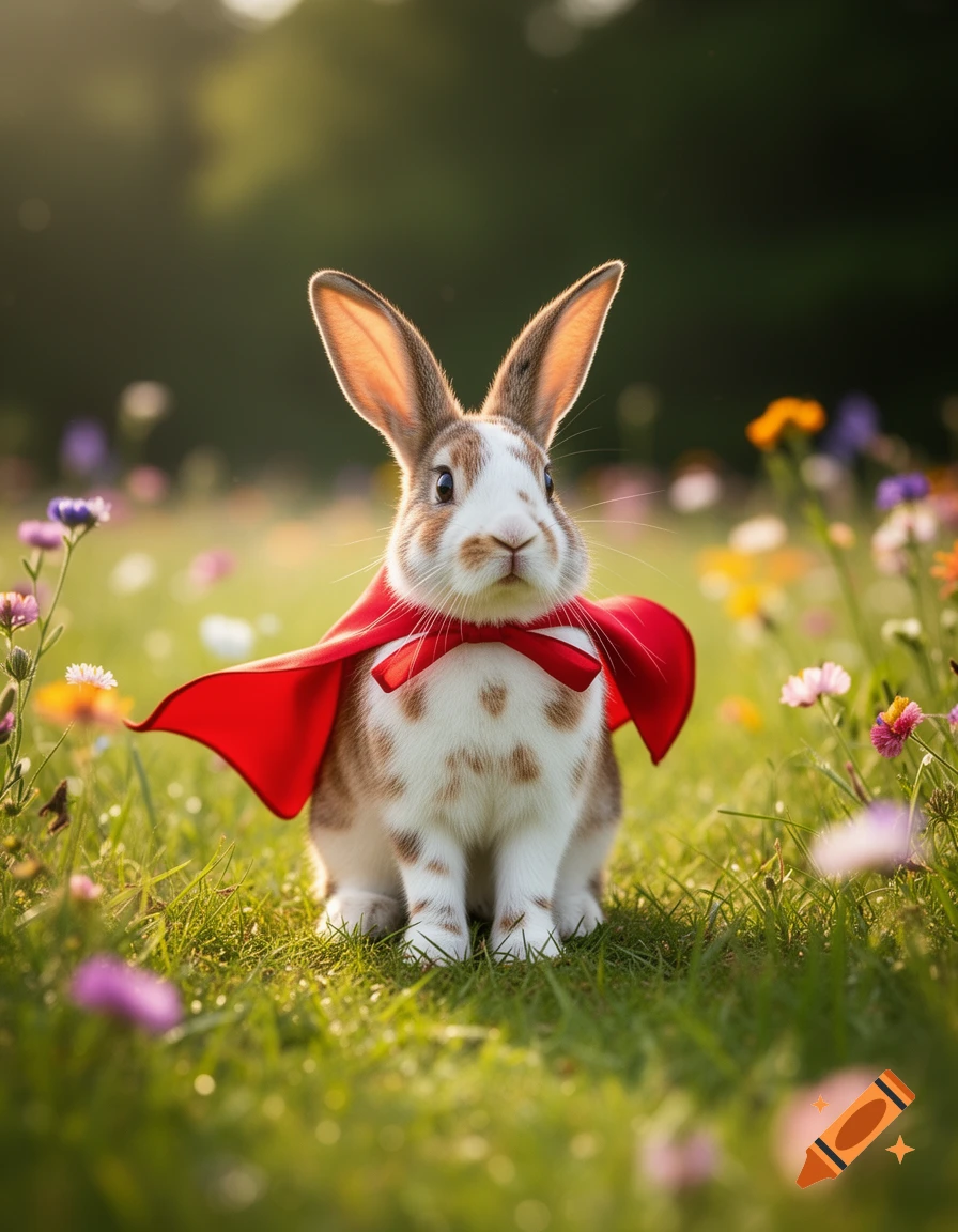 A photorealistic brown and white spotted rabbit with a red superhero cape sits in a sunny field of colorful wildflowers.