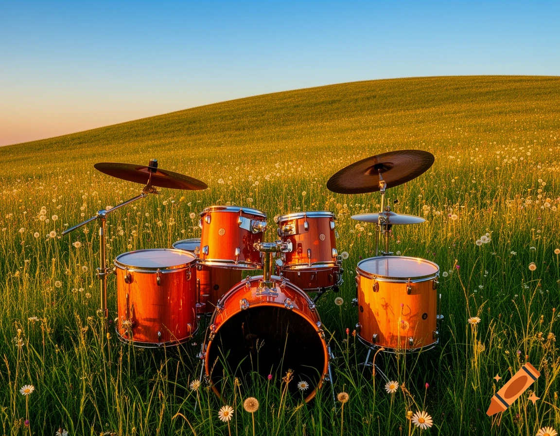 A photorealistic image of a drum set with warm, reddish-brown drums and cymbals, placed in a sunny, grassy field filled with dandelions, under a clear blue and orange sky.