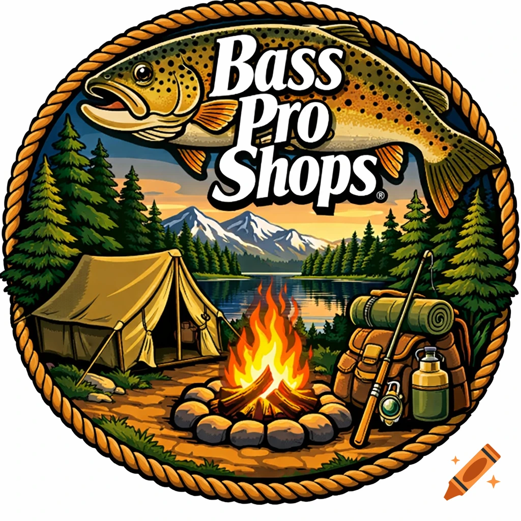 A circular Bass Pro Shops logo with a bass fish above a camping scene featuring a tent, campfire, lake, and mountains, encircled by a rope.