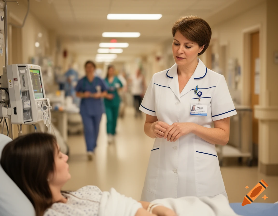 A nurse in a white uniform with a "Marie" name tag stands next to a patient in a hospital bed, with a busy hallway in the background.