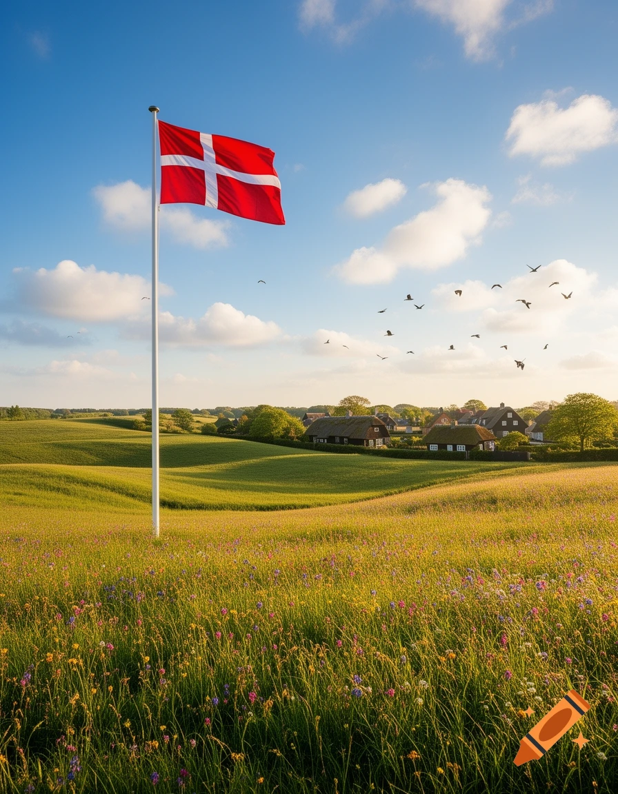 A Danish flag on a pole in a vibrant field of wildflowers, with a village and rolling green hills under a bright blue sky.