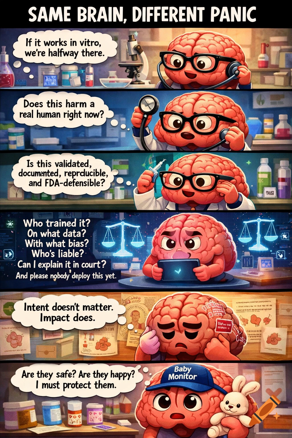A multi-panel cartoon titled "Same Brain, Different Panic," depicting a personified brain in various roles like a scientist, paramedic, AI ethicist, and parent, with thought bubbles reflecting each role's anxieties.