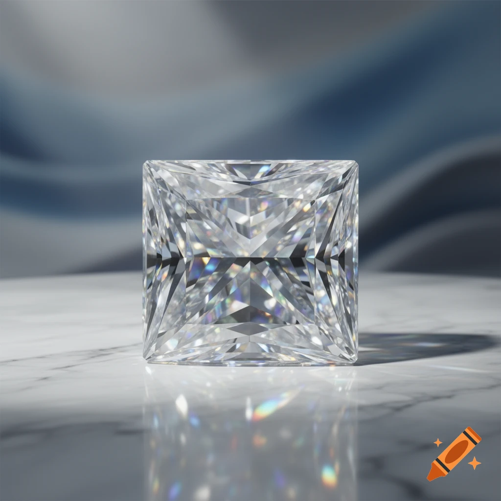 A brilliant, sparkling princess-cut diamond rests on a polished white marble surface with reflections, against a soft blue background.