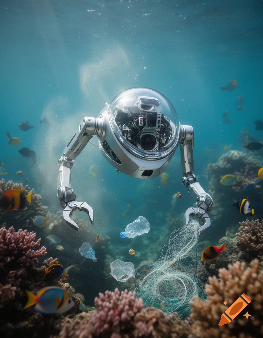 A futuristic underwater robot with two arms collects plastic bottles and a fishing net near a vibrant coral reef with colorful fish.