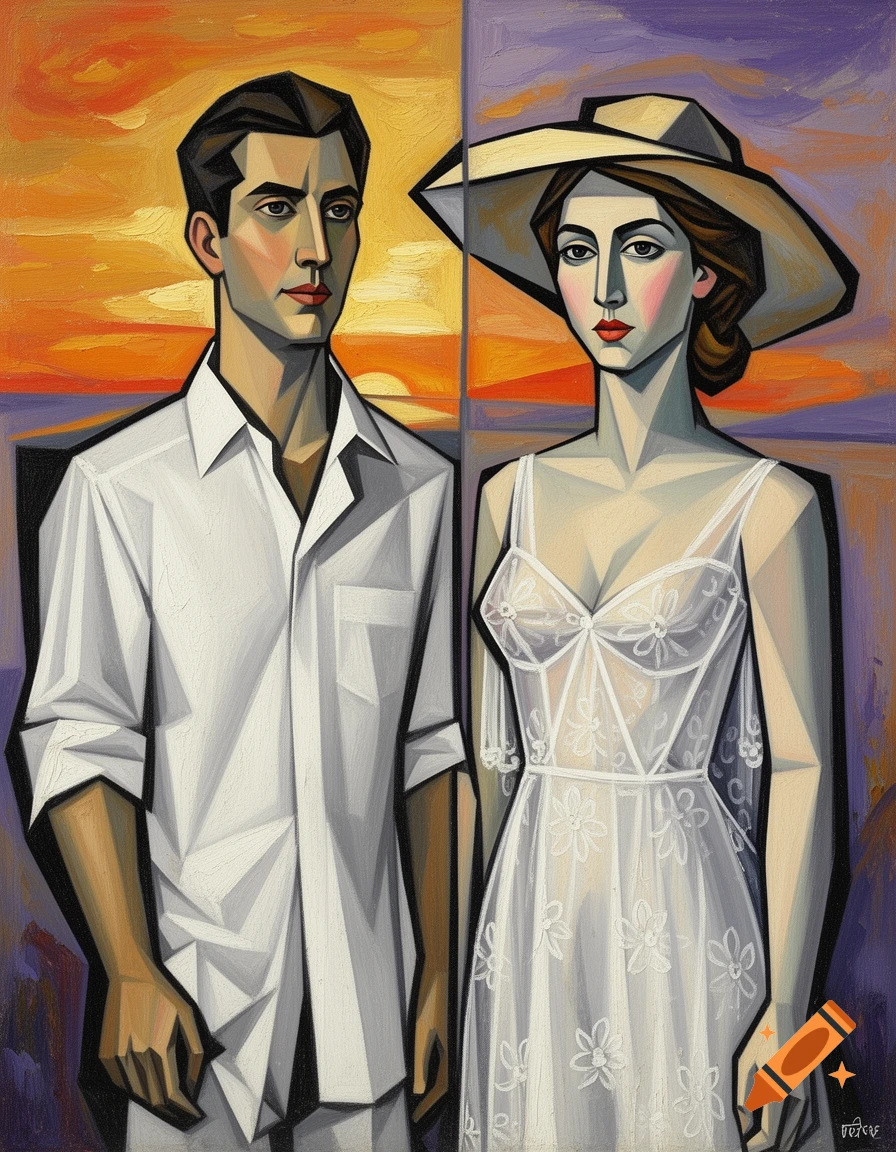 Cubist double portrait of a man in a white shirt and a woman in a transparent white floral dress and hat, against a sunset background.
