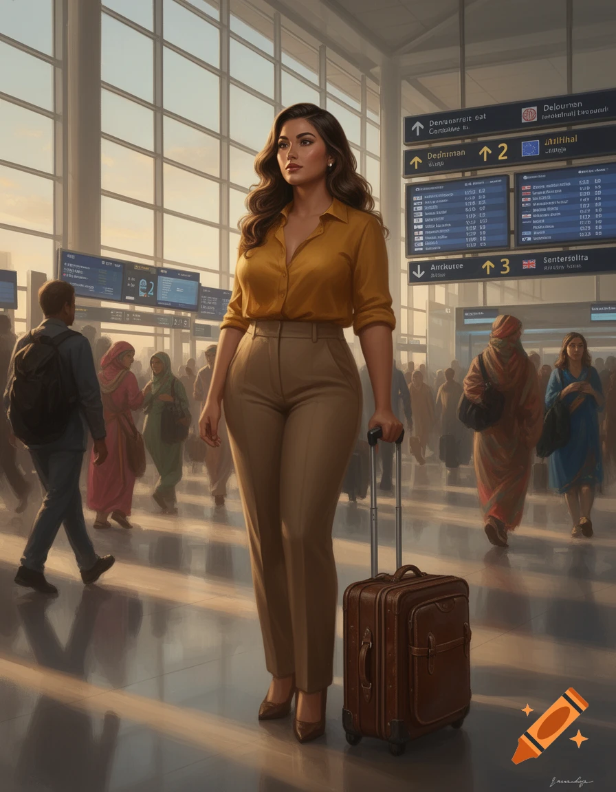 A photorealistic image of a woman in an airport, wearing an orange shirt and brown pants, pulling a suitcase.