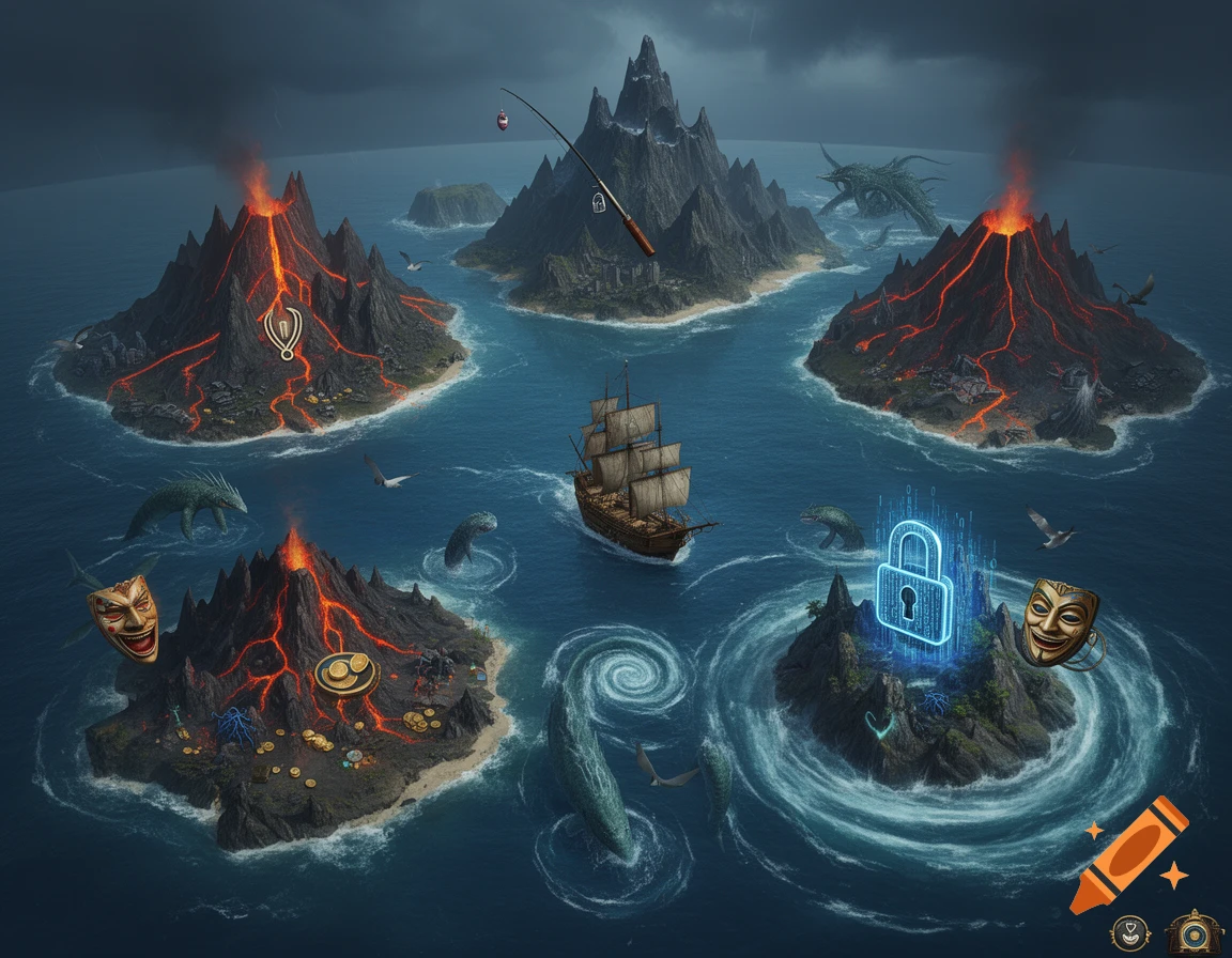 A detailed fantasy game map with a ship, erupting volcanoes, sea monsters, and various symbols on islands, under a stormy sky.