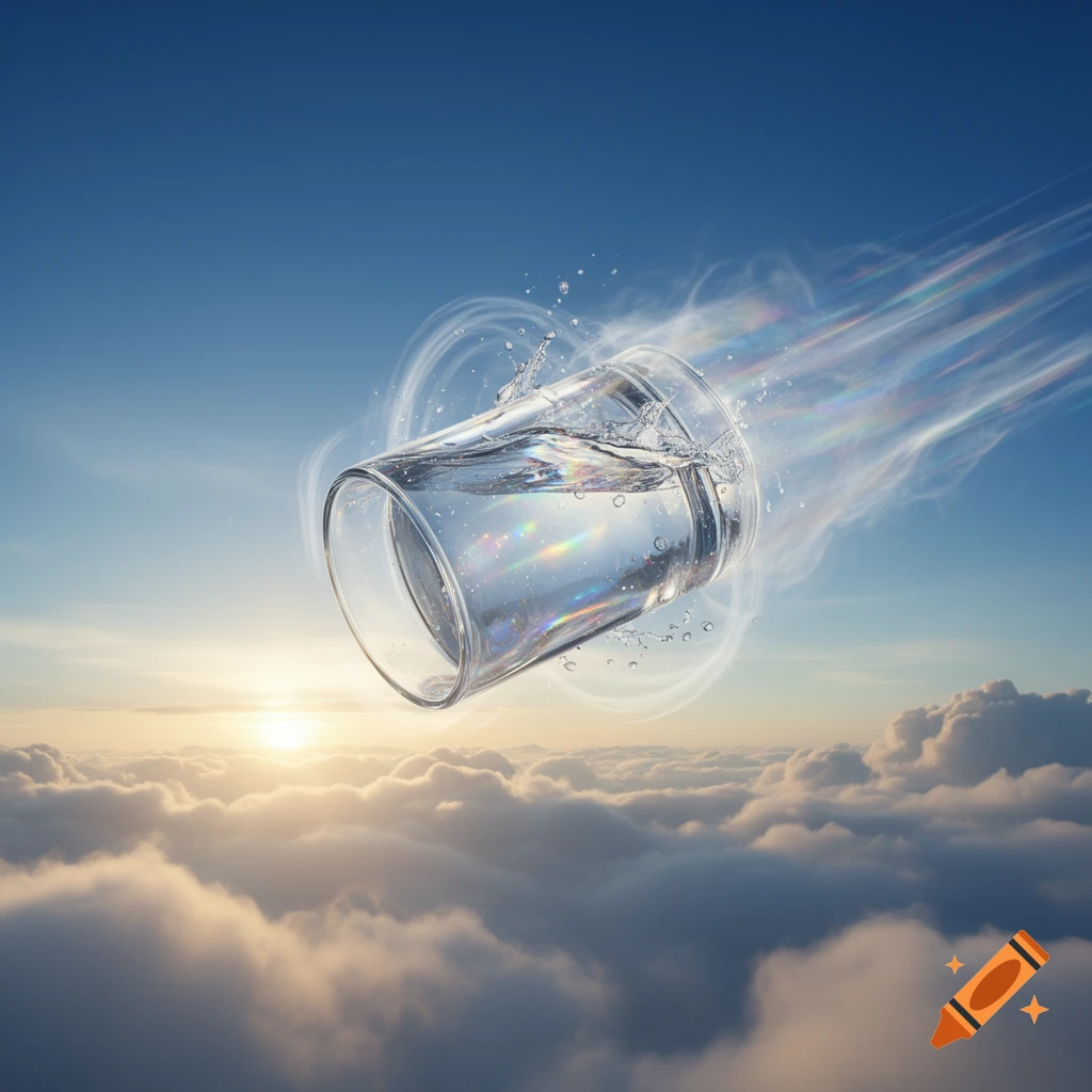 A photorealistic image of a glass of water flying through a sunny sky above clouds, leaving colorful motion trails.