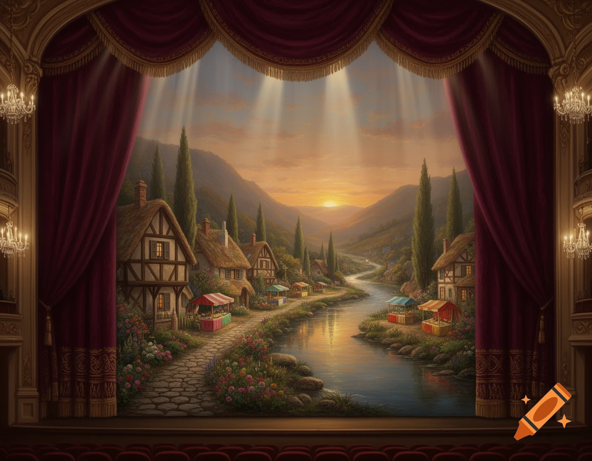 Picturesque village landscape painted on a theatre stage backdrop, framed by red velvet curtains and chandeliers.