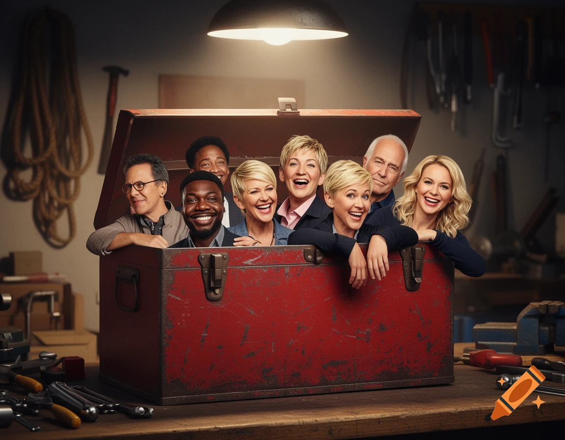 A diverse group of smiling adults peeking out of a red, weathered toolbox on a wooden workbench in a dimly lit workshop. Photorealistic style.
