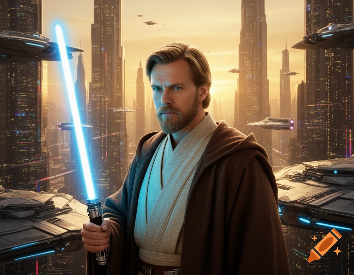 Obi-Wan Kenobi, with a beard and brown robes, holds a glowing blue lightsaber amidst a towering futuristic city with flying vehicles.