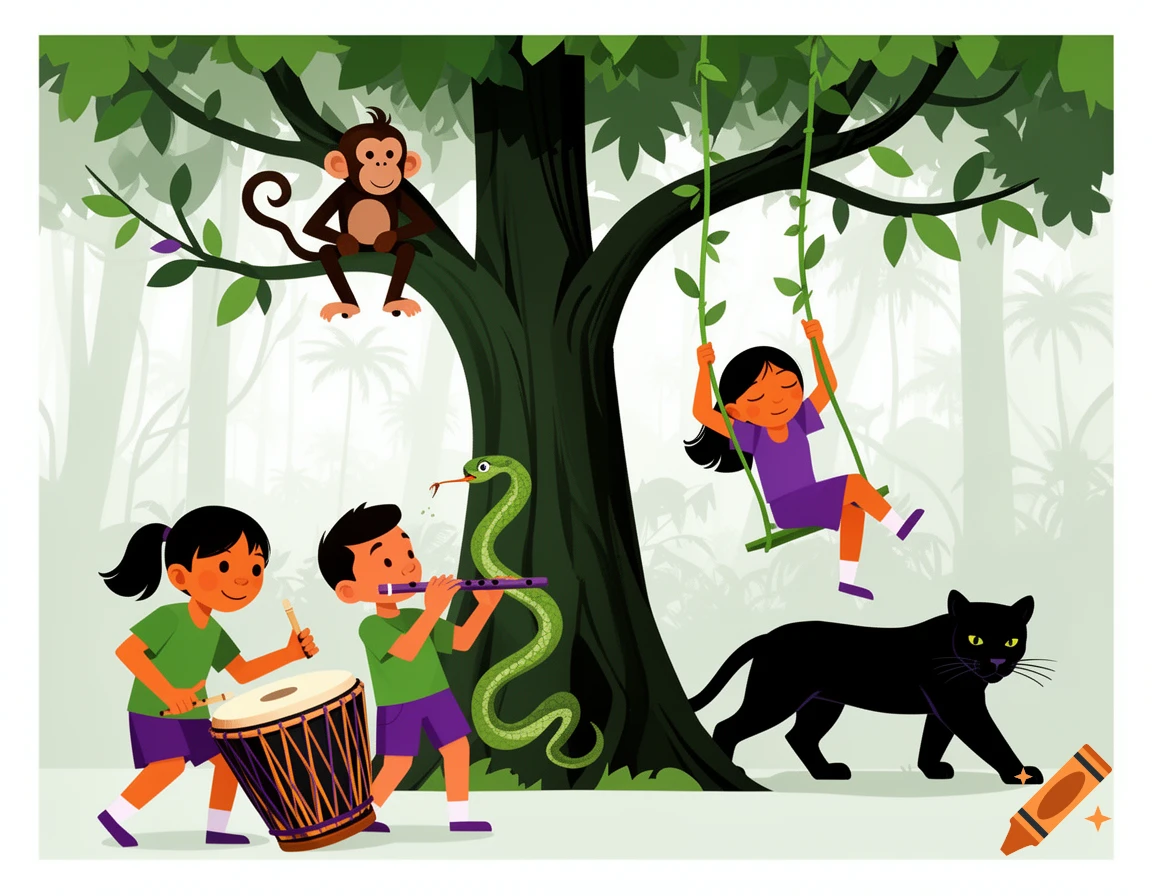 Flat design illustration of children playing music with a snake, a girl swinging, a monkey on a branch, and a black panther in a jungle.