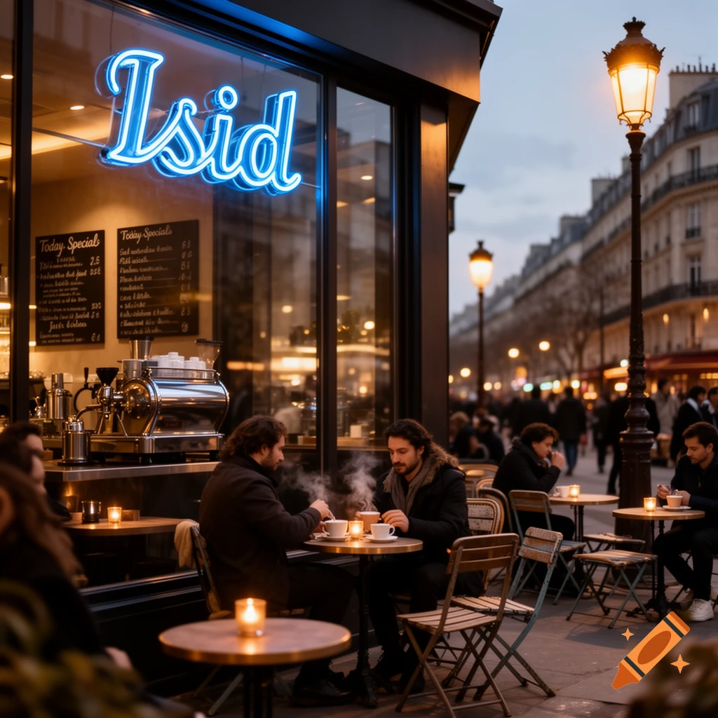 An evening street scene with people sitting at outdoor tables in front of a cafe with a neon sign that says "Isid".
