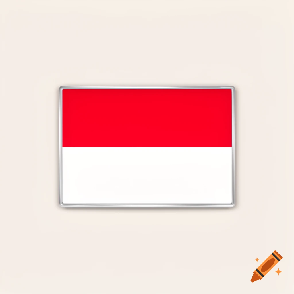 A rectangular badge depicting the red and white flag of Indonesia or Monaco, framed by a silver border, on a light beige background.