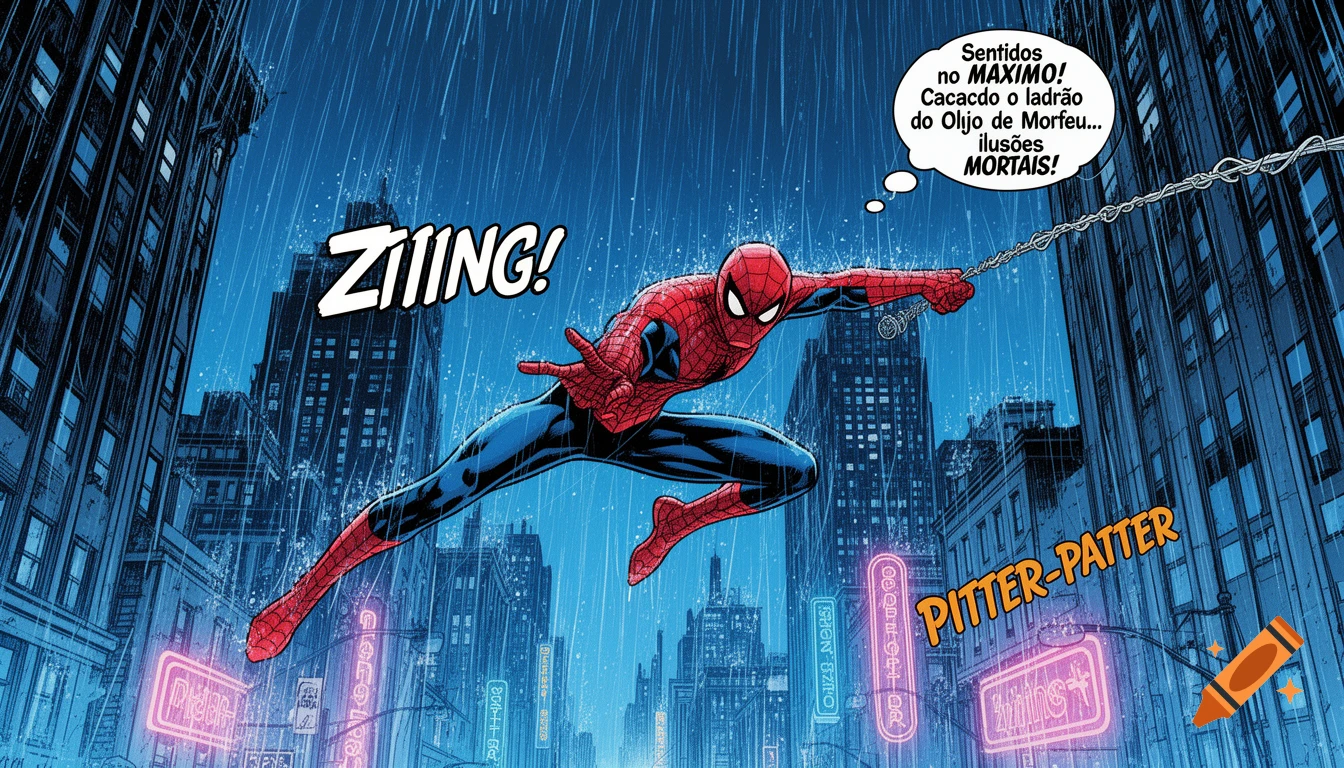 Spider-Man swings through a rainy, neon-lit city at night, with thought bubbles and sound effects in a comic book style.