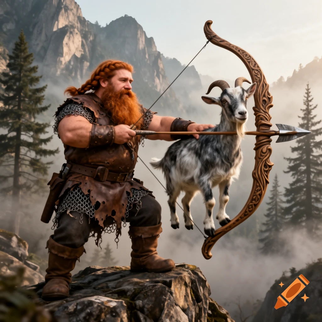 A red-bearded fantasy dwarf aims an ornate bow, using a small goat as an arrow, in a misty mountain landscape.