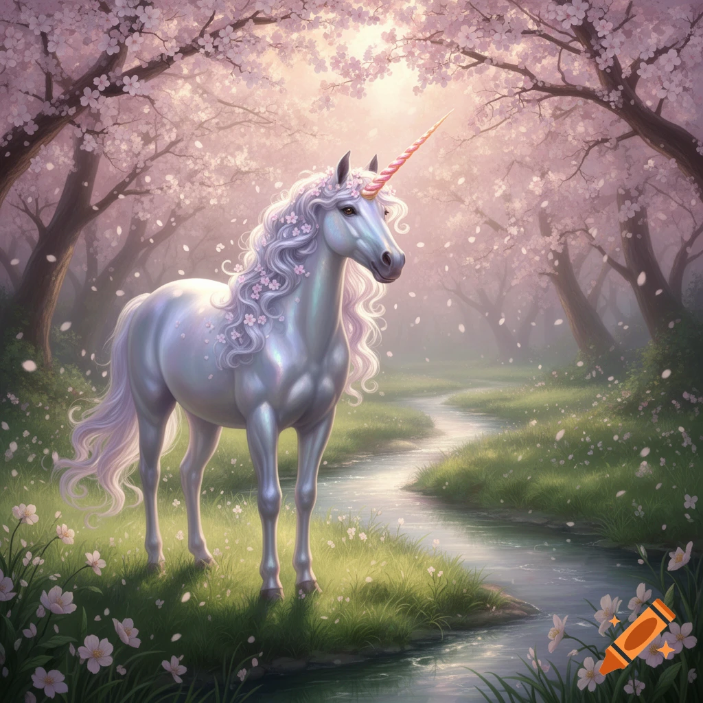 A white unicorn with a pink horn stands in a magical cherry blossom forest with a winding stream and soft light.