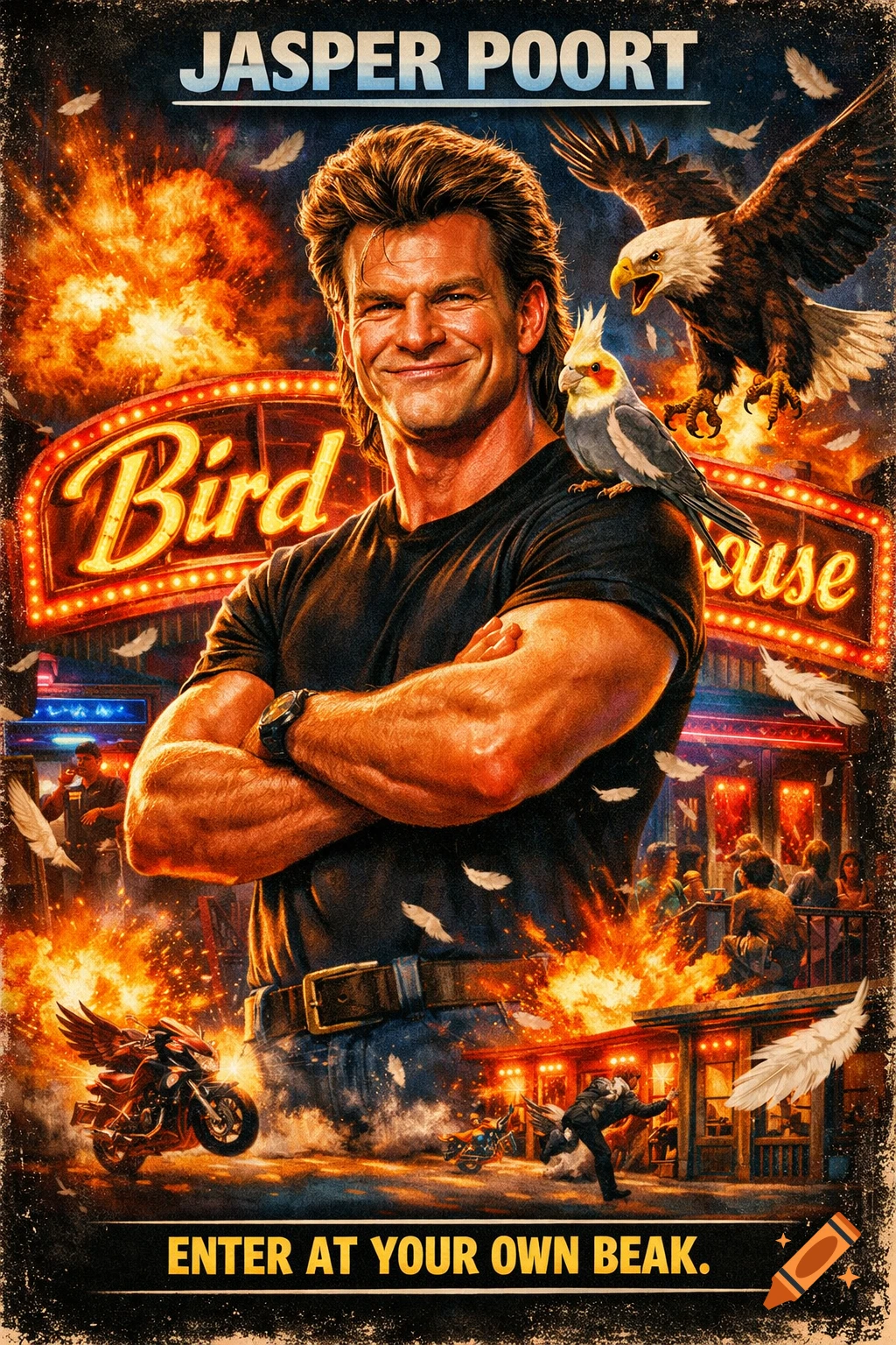 A 1980s action movie parody poster featuring a muscular man with a mullet, standing in front of an exploding neon bar with birds.