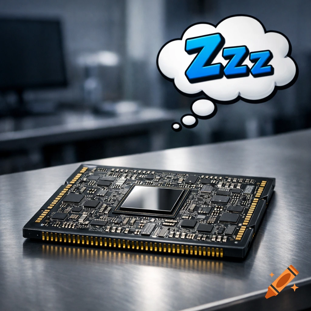 A photorealistic image of a computer chip on a metallic surface, with a thought bubble above it containing 'Zzz'.