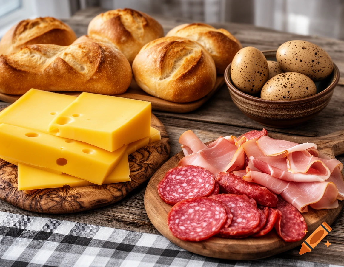 A rustic spread of German breakfast foods including bread rolls, sliced cheese, cured meats, and speckled eggs on a wooden table.
