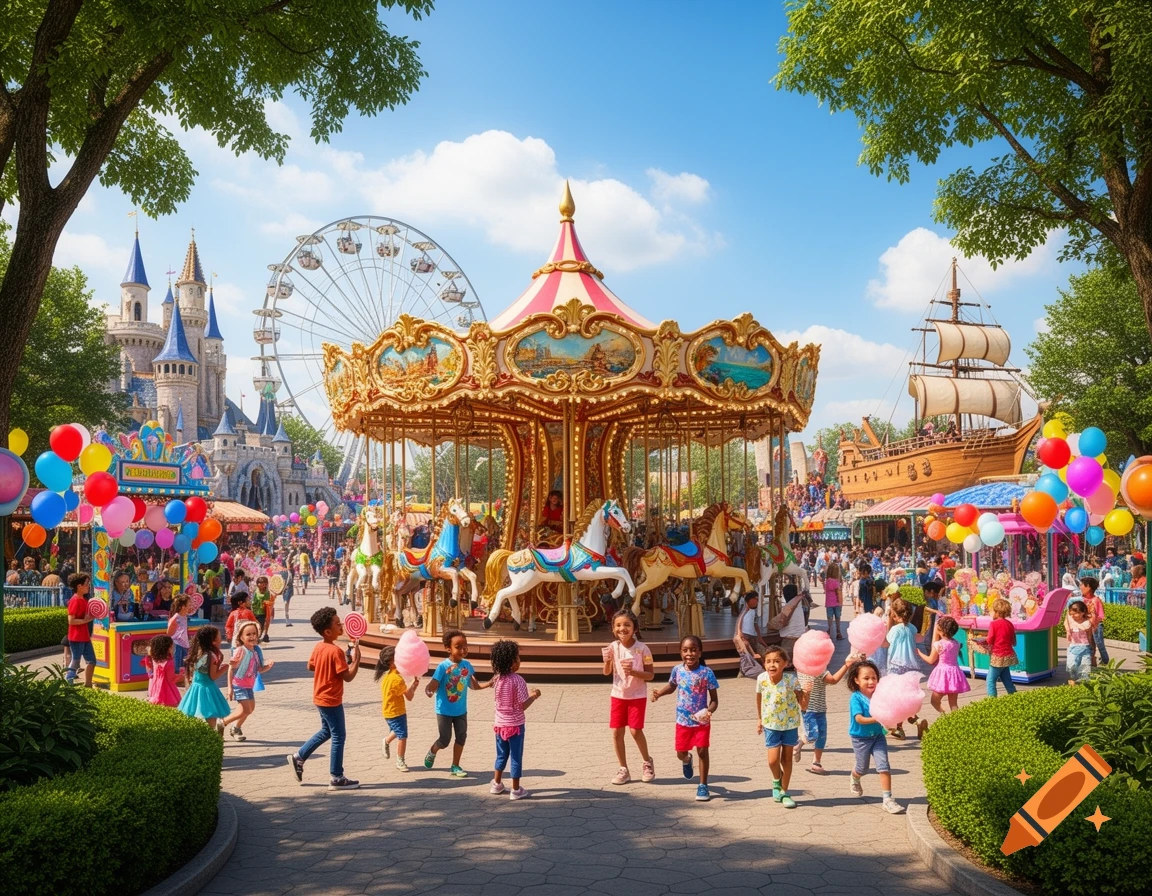 Diverse children playing in a vibrant theme park with a carousel, Ferris wheel, and castle under a sunny sky.