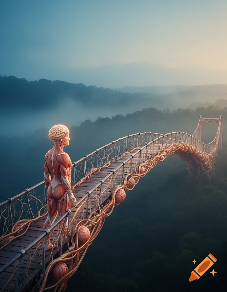 An anatomical figure with exposed muscles and a brain for a head walks across a surreal root and vine bridge over a misty forest.