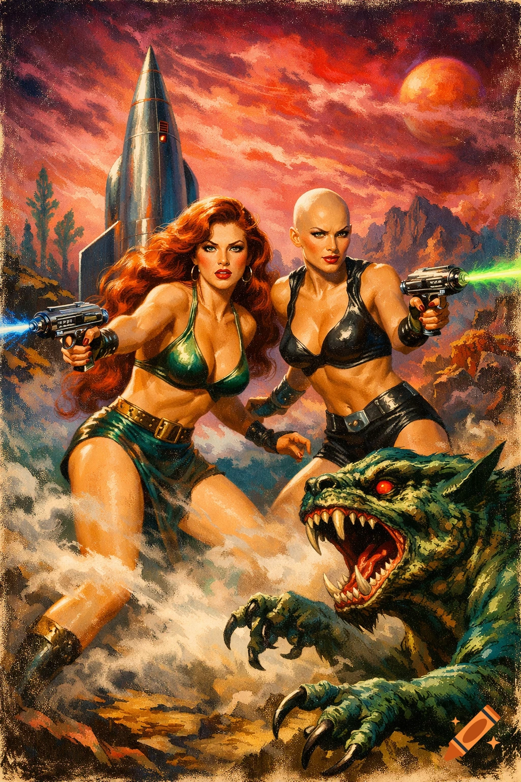 Retro sci-fi painting of two scantily clad women with ray guns fighting a green alien monster on an alien planet with a rocket.