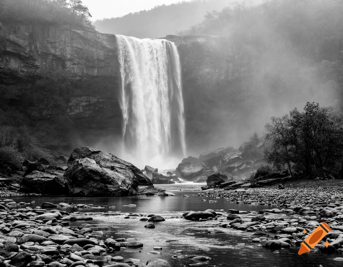 A powerful waterfall cascades down a rocky cliff into a river with many stones, captured in a misty black and white photograph.