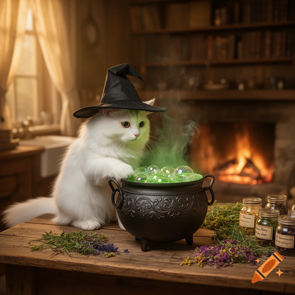 A white cat wearing a witch hat looks into a bubbling green cauldron on a wooden table with herbs and jars, in a cozy room with a fireplace.