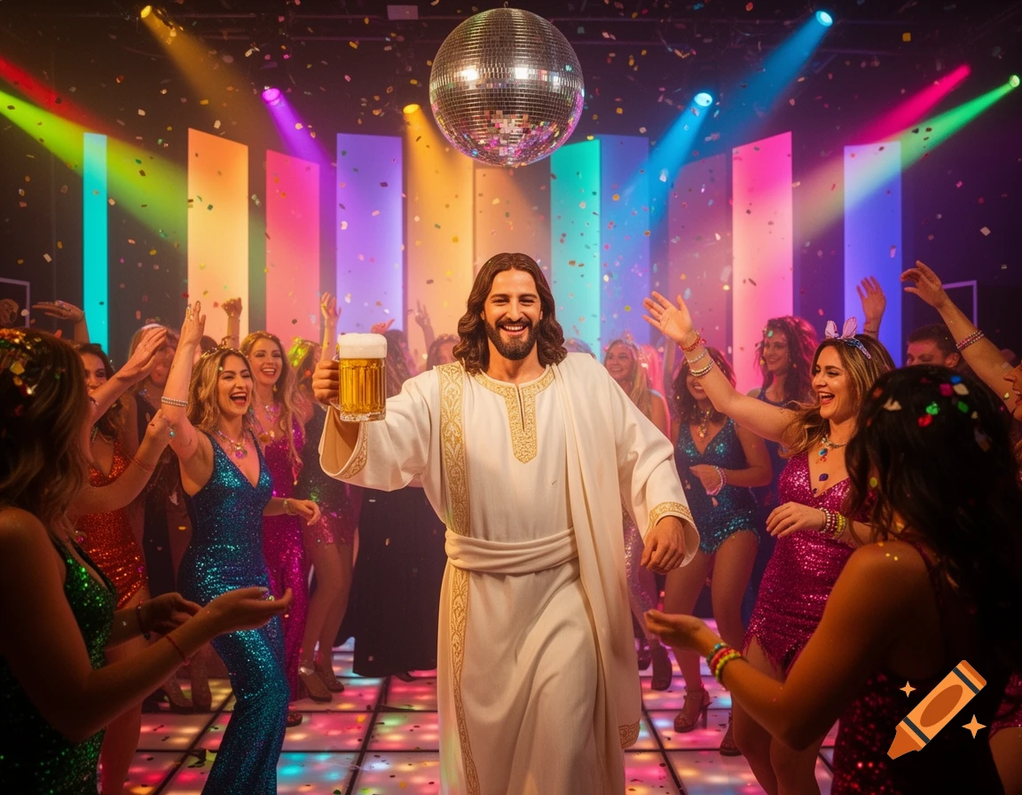 Jesus smiles and dances at a vibrant photorealistic disco party, holding a beer mug, surrounded by women and confetti under a disco ball.