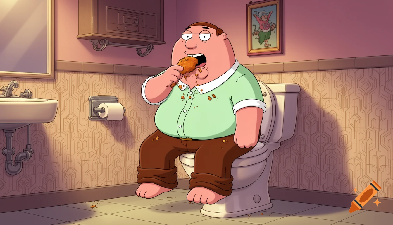 Cartoon Peter Griffin sits on a toilet in a bathroom, messily eating fried chicken.