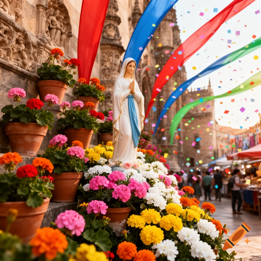 Photorealistic image of a Virgin Mary statue amidst colorful potted flowers, with vibrant banners, confetti, and a market scene in the background.