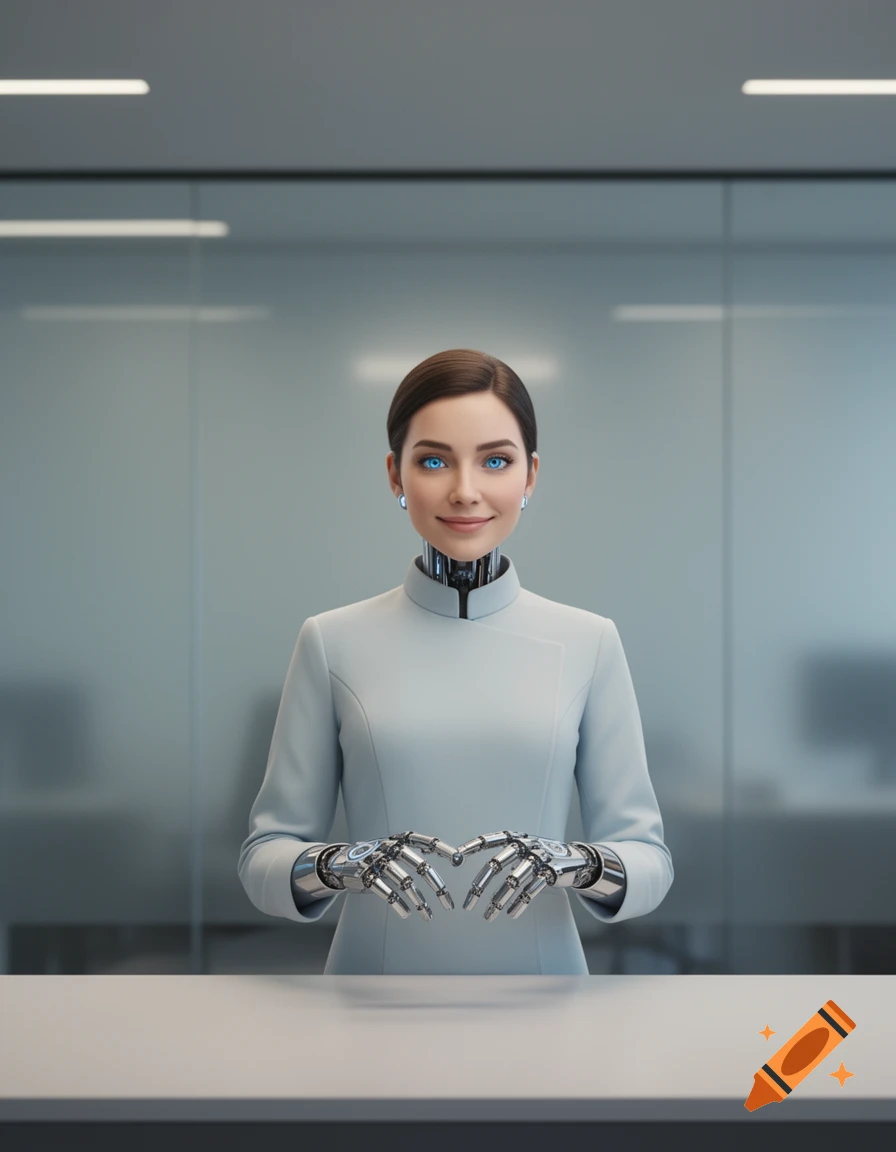 A photorealistic female robot with blue eyes and mechanical hands clasped together, standing behind a desk in a modern office.