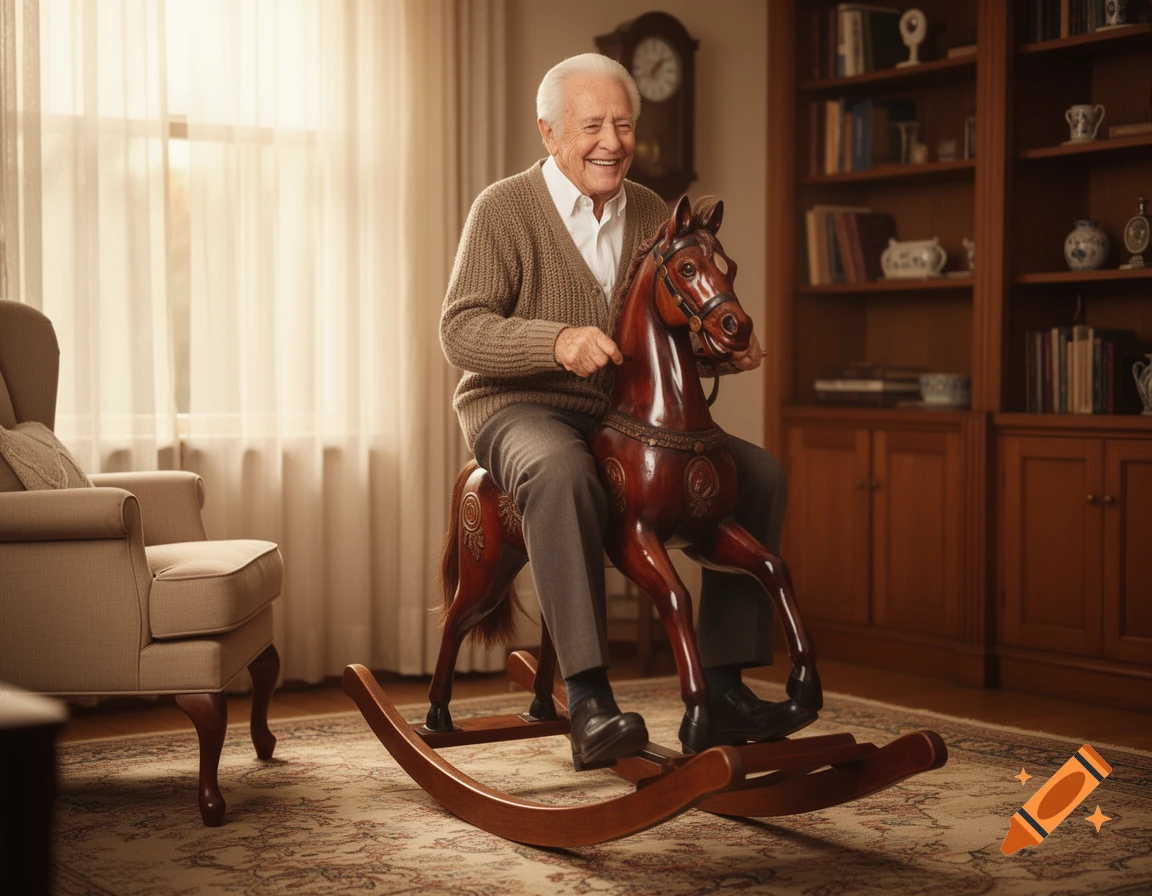 An elderly man happily riding a wooden rocking horse in a cozy, well-furnished room.