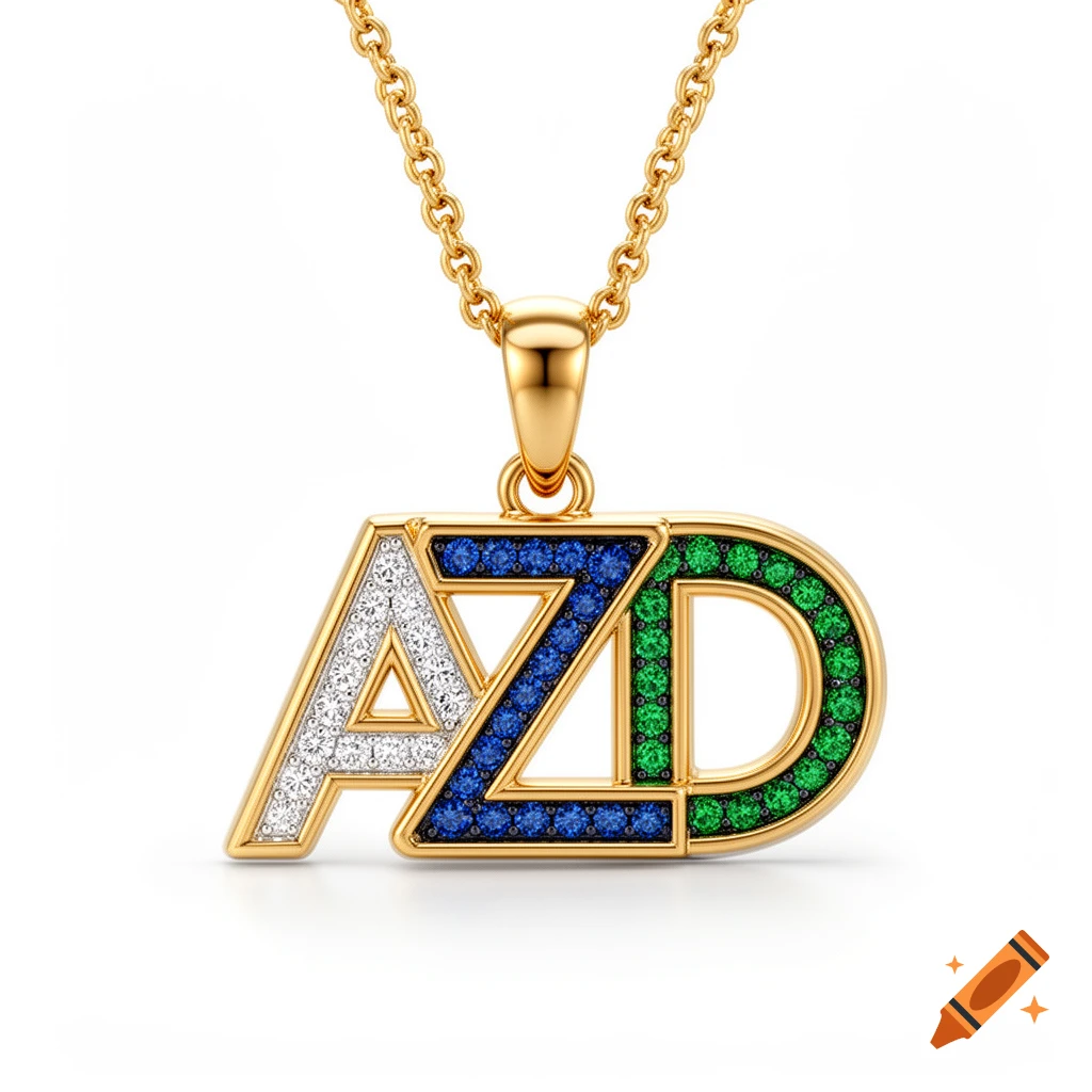 A luxurious gold necklace pendant features the letters AZD, with 'A' in white crystals, 'Z' in deep blue, and 'D' in emerald green, on a white background.