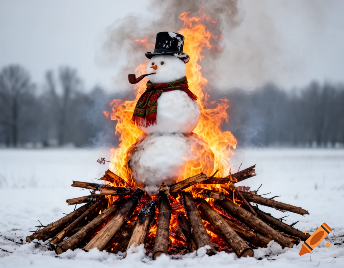 A photorealistic snowman wearing a top hat, scarf, and smoking a pipe, sitting atop a roaring bonfire in a snowy landscape.