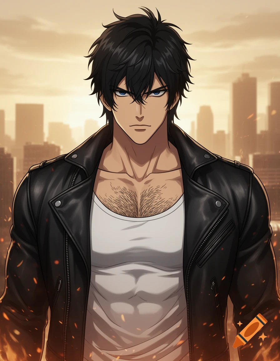An anime man with dark hair, blue eyes, and chest hair, wearing a white tank top and open black leather jacket, with a city skyline at sunset.