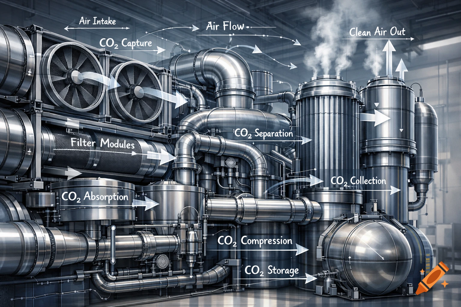 Detailed diagram of a direct air capture (DAC) system, featuring metallic pipes, fans, and tanks with labeled steps like CO2 capture, separation, and storage.