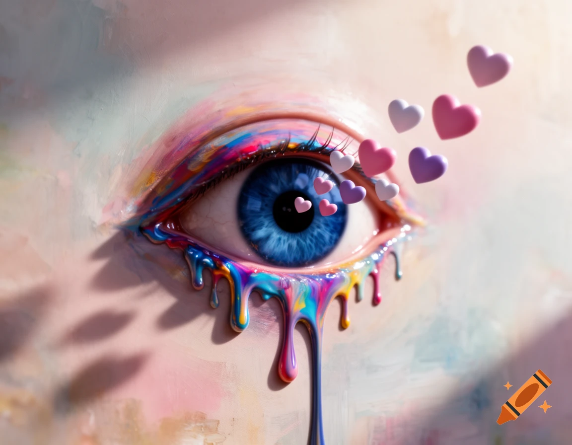 Close-up of a vibrant blue eye with colorful melting tears dripping, surrounded by floating pink and white hearts.