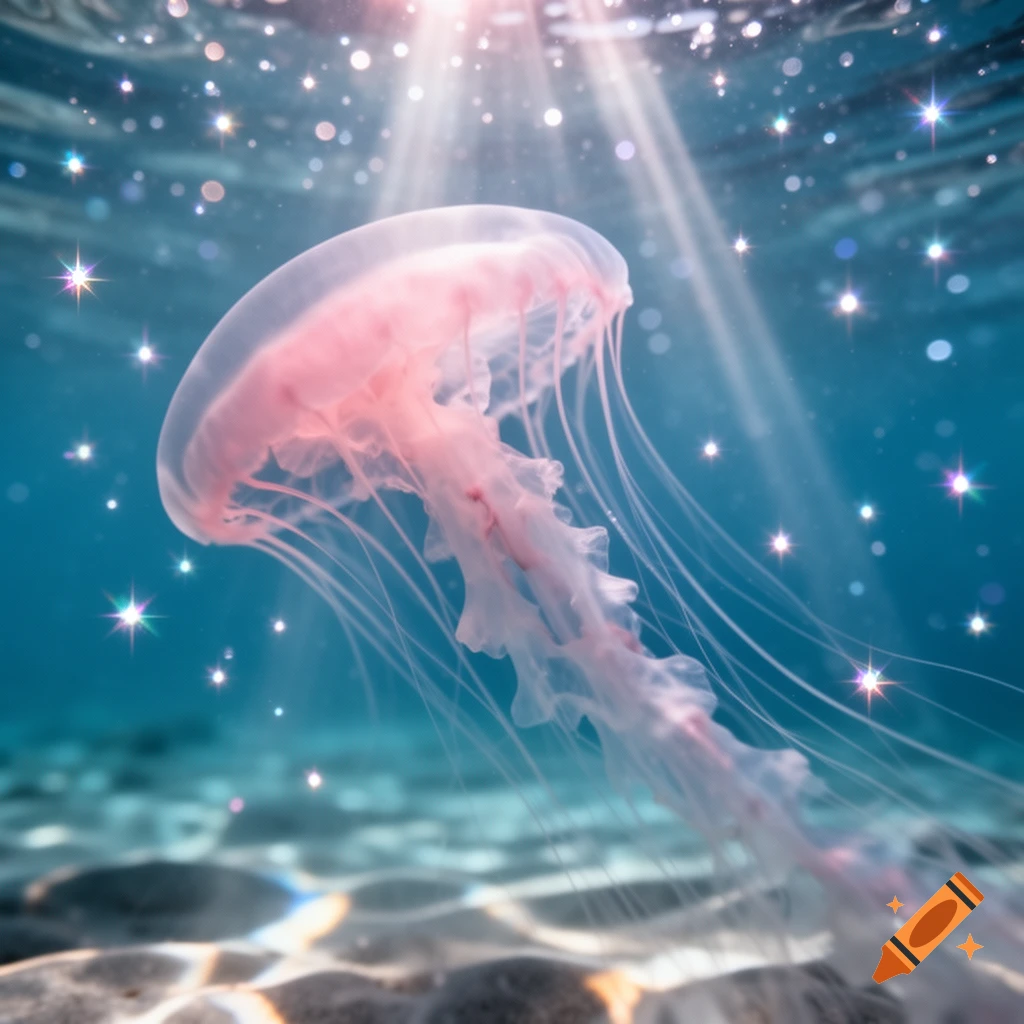 A vibrant pink jellyfish floats gracefully in clear blue water, bathed in sunlight, with sparkling light effects and a sandy seafloor.